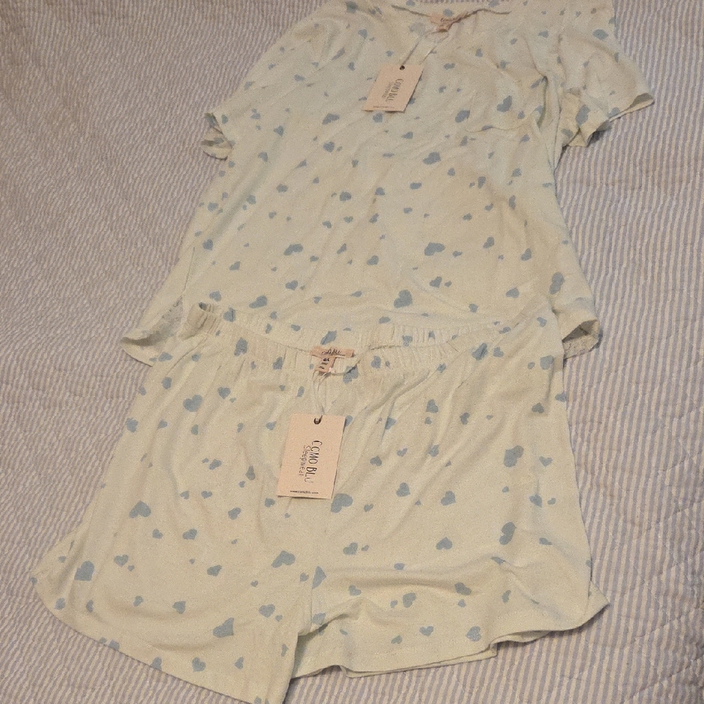 NWT Como Blu Heart Print Sleepwear 2 Piece PJ Set Size Large